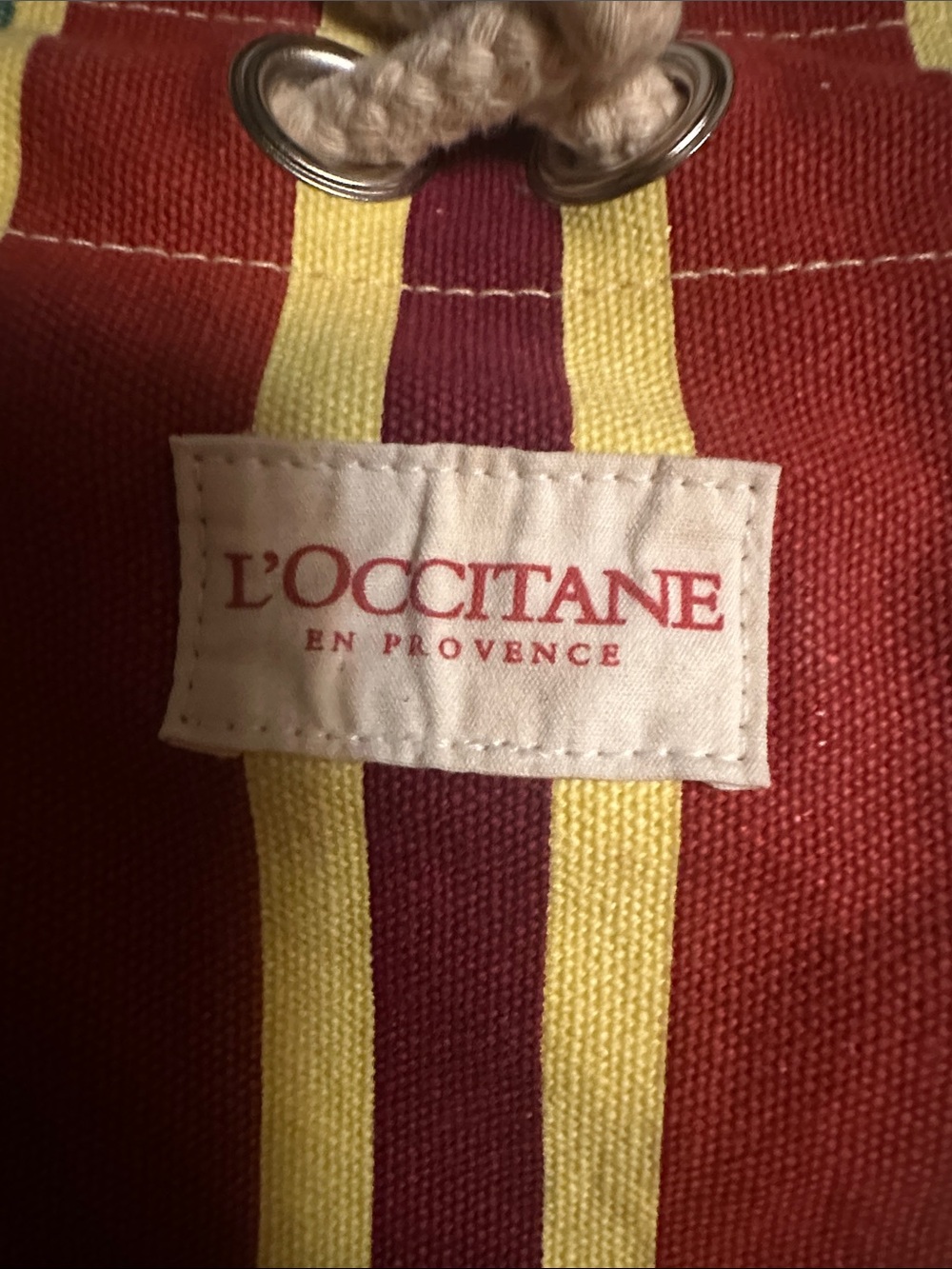 L'OCCITANE Red, Yellow & Burgundy Striped Drawstring Pouch Bucket Bag - Picture 2 of 9